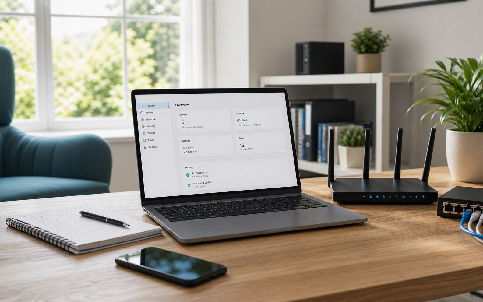 Laptop, router and network equipment set up for local IT support